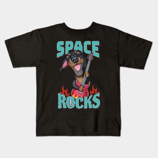 Fun Doxie Dog with guitar on a Dachshund Space Rocks tee Kids T-Shirt